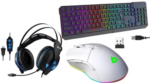KLIM Chroma Gaming Keyboard Wired USB Durable Ergonomic Waterproof + Blaze Rechargeable Wireless Gaming Mouse RGB White + Impact USB Gaming Headset - Noise Cancelling