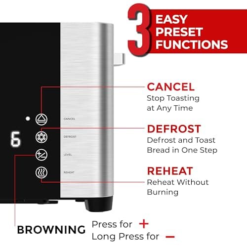 Mueller UltraToast Full Stainless Steel Toaster 4 Slice, Long Extra-Wide Slots for Bagels and Waffles, 6 Browning Levels, LED Display, Cancel/Defrost/Reheat Functions & Removable Tray, Kitchen Gadgets - Image 4