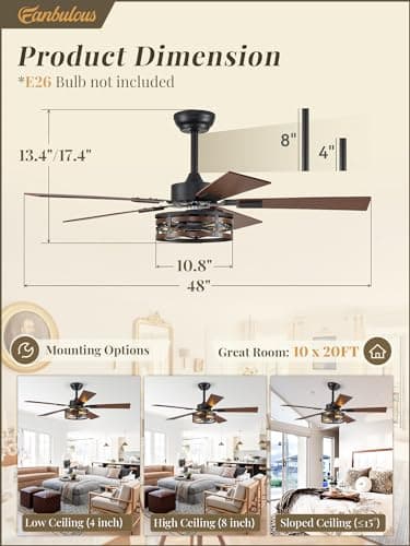 Farmhouse Ceiling Fans with Light, 48 Inch Bedroom Ceiling Fan with Lights, 6-Speed Adjustable, Quiet and Reversible DC Motor, Dual Finish 5 Blades, Rustic Caged Ceiling Fan for Living Room - Image 5