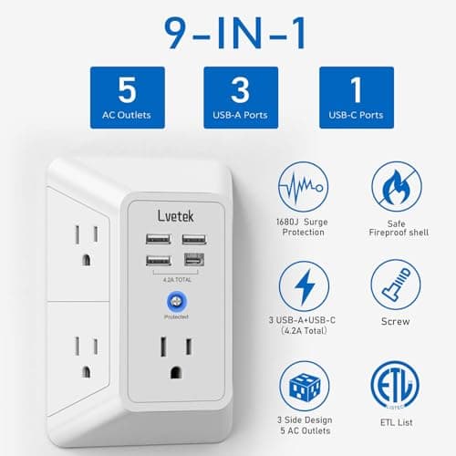 Lvetek 5 Outlet Extender Multi Plug Wall Outlets with 4 USB Charging Ports (1 USB C Outlet), 3 Sided 1680J Surge Protector Power Strip USB Wall Charger for Home, Office, Travel, ETL Listed, White - Image 4