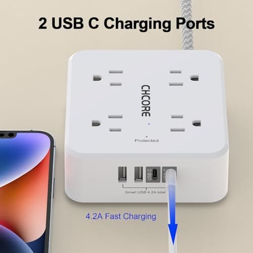 Surge Protector Power Strip - CHCORE 5Ft Braided Extension Cord with 8 Outlets with 4 USB (2 USB C) Charging Ports, Flat Plug Multi Plug Outlet Extender Charging Station for Home Office, ETL, White - Image 3