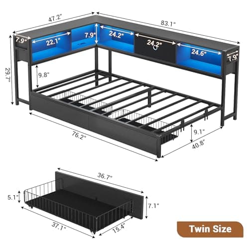 Hasuit Twin Corner Bed Frame with Storage Bookcase, Twin Day Bed with Storage Drawers, Metal Platform Bed with Charging Station and LED Lights, Convertible Corner Beds for Kids Teens Guests, Black - Image 3
