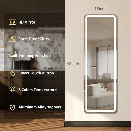 Koonmi Full Length Mirror Door Hanging with LED Lights 48"x16" - Image 6