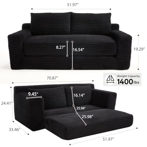 GNIXUU Corduroy Cloud Loveseat Sofa, 2 in 1 Convertible Sleeper Sofa with Fixed-Shape Frame, Comfy Folding Boneless Love Seat Couches for Living Room, Apartment, Small Spaces Black - Image 2