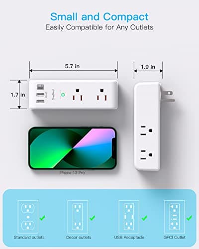 Surge Protector Outlet Extender with Rotating Plug - One Beat 6 AC Multi Plug Outlet with 3 USB Ports (1 USB C), 1800J Wall Charger, 3-Sided Power Strip Spaced Outlet Splitter for Home Office Travel - Image 7