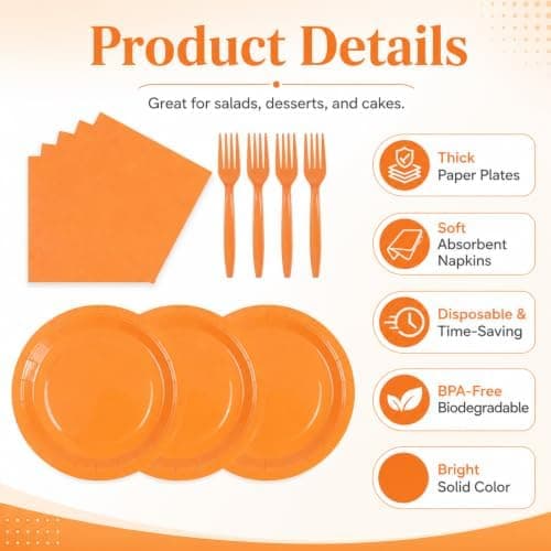 Amazon.com: 75Pcs Orange Paper Plates and Napkins for Fall Birthday | 7inch Party Supplies Set Disposable Party Supplies Includes Paates Napkins Forks Decorations for Pumpkin,Birthday,Halloween : Health & Household - Image 6