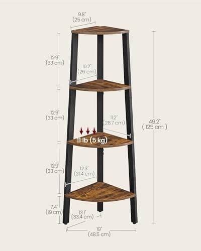 VASAGLE Corner Shelf Stand, 4-Tier Corner Bookshelf, Industrial Ladder Shelf, Plant Stand for Living Room, Office, Kitchen, Rustic Brown and Black ULLS34X - Image 3