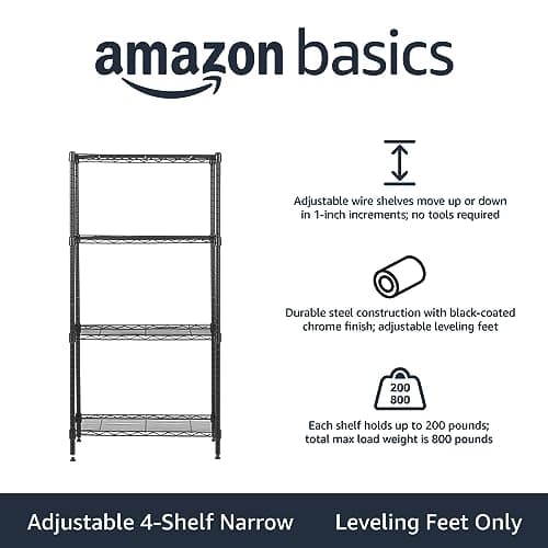 Amazon Basics 4-Shelf Steel Wire Storage Rack, Adjustable, Sturdy, Easy Assembly, 13.4 D x 23.2 W x 48 H in, Black - Image 3