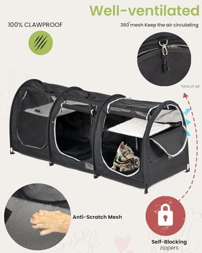 Portable Three Compartment Show House Cat Cage Condo - Easy to Fold & Carry Kennel - Comfy Puppy Home & Dog Travel Crate with Portable Carry Bag,2 Hammocks,3 Mats and Collapsible Litter Boxs - Image 5