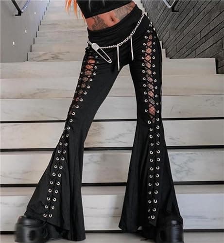 Insgoth Y2k Bell Bottom Pants for Woman Gothic Black Lace-Up Cutout Stretch Punk - Image 4