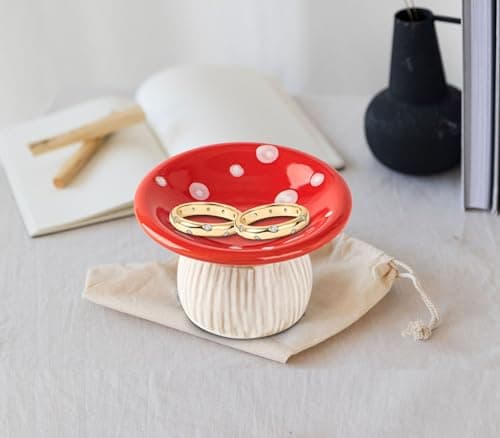 dgudgu Mushroom Ring Holder Jewelry Tray Red Dish Ceramic Trinket Storage Jar Mini Engagement Ring Holder - Image 4
