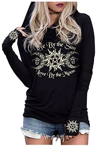 CHUNTIANRAN Long Sleeve Hoodie Shirts For Women Live By The Sun Love By The Moon Hoodie Tops Gothic Novelty Graphic Pullover T-Shirt(Black, Medium)
