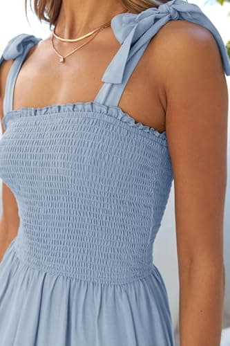 ZESICA Women's 2025 Summer Boho Spaghetti Strap Square Neck Solid Color Ruffle A Line Beach Long Maxi Dress,Blue,X-Large - Image 4