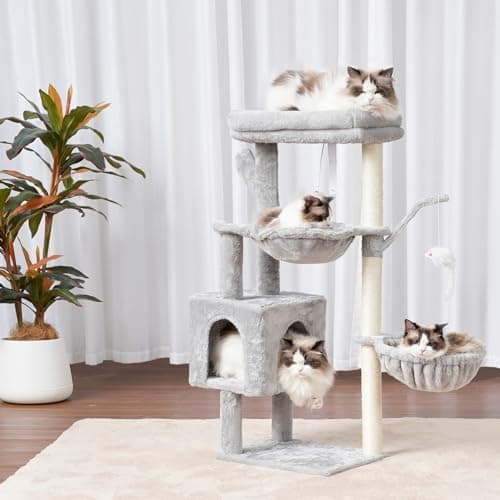 Heybly Cat Tree, 39.4 Inches Tower Condo with Scratching Post, Cat Tower for Indoor Cats, Fully Wrapped Sisal Pole, Soft Platform, 2 Baskets and Dangling Toy, Light Gray HCT006SW - Image 2