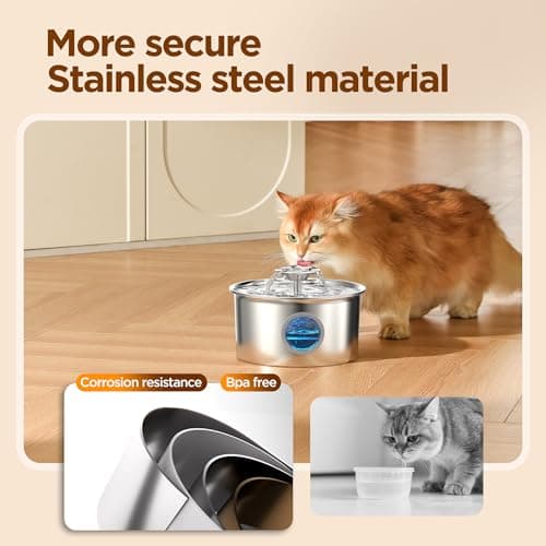 Stainless Steel Cat Water Fountain: 88oz/2.6L Ultra Quiet Pet Fountain with Flower Kitty Spout & LED Blue Light Water Dispenser with Water Level Window for Cats/Dogs Indoor (Silver) - IHOUONE - Image 4
