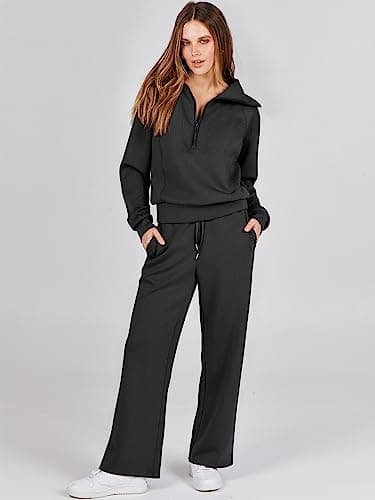 ANRABESS Women 2 Piece Outfits 2025 Fall Fashion Airport Wide Leg Pants Lounge Set Leisure Travel Vacation Clothes Sweatsuits Black Medium - Image 2