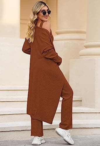TOLENY 3 Piece Fuzzy Outfits Sets for Women Cardigan Crop Tank Wide Leg Pants Sweatsuit Lounge Sets Brown XL - Image 6
