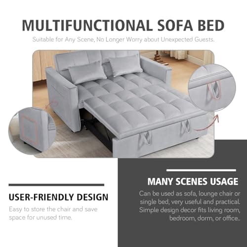 3 In 1 Velvet Convertible Sofa Bed, Pull Out Couch Bed with Reclining Backrest And 2 Pillows, 54" Full Size Loveseat Sleeper Sofa Futon Couch Bed, Couches For Small Spaces, Living Room (Silver Grey) - Image 3