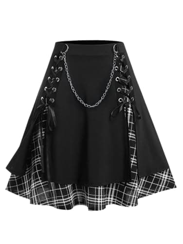 ROSE GAL Women's Plus Size Mini A-Line Gothic Skirt Casual Plain Chain Detail High Waisted Short Stitching Plaid Pleated Skirt(Black/1X)