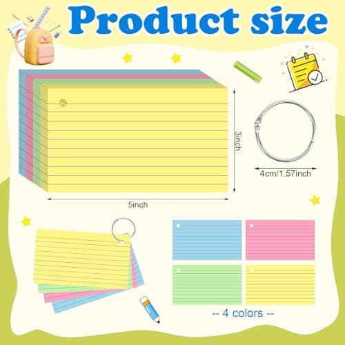 YAGUAO Colored Index Cards 3x5 Inch Heavyweight Flash Cards with Ring Lined Flashcards Note Cards for Studying School Supplies College, 200 Count - Image 2