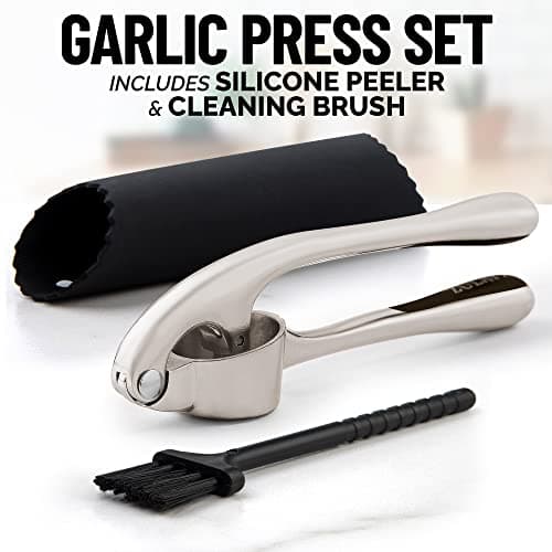 Zulay Kitchen Premium Garlic Press Set - Rust Proof & Dishwasher Safe Professional Garlic Mincer Tool - Easy-Squeeze, Easy-Clean with Soft, Ergonomic Handle - Silicone Garlic Peeler & Brush (Silver) - Image 11