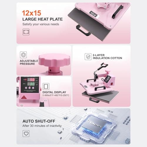 VEVOR Heat Press Machine 5 in 1 Combo with 30 OZ Tumbler Press & Hat Press, Slide Out 12x15 Inch Heat Press Sublimation Machine for T-Shirts, Hats Caps Tumblers Glass Cans Mugs, and Plates (Pink) - Image 6