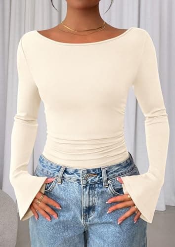 PRETTYGARDEN Women's Long Sleeve Shirts 2025 Fall Crop Going Out Tops Casual Boat Neck Bell Sleeve Ribbed Ruched Y2K Clothes (Beige,Small) - Image 7