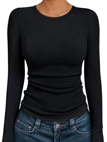 AUTOMET Womens Long Sleeve Shirts Tops Blouses Fall Fashion Ribbed Knit Casual Tshirts Trendy Cute Workout Clothes Black S