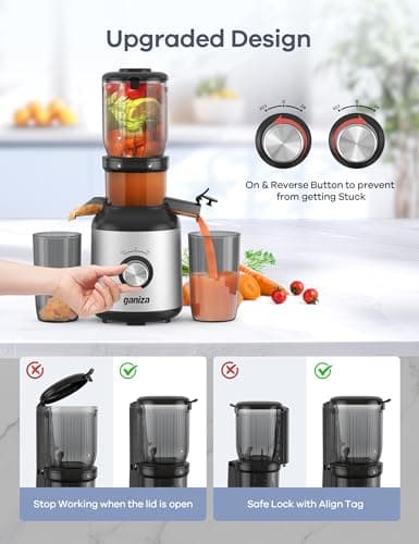 Ganiza Juicer Machines, Slow Masticating Juicers with Large Feed Chute for Whole Fruits & Vegetables, Cold Press Juicer with 3 Replace Filters for Batch Juicing, Easy to Clean, BPA Free(Silver) - Image 4
