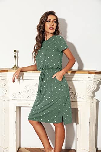 Women Summer Sleeve Pocket Modest Work Casual Midi Knee Dress Polka Dot Green L - Image 3