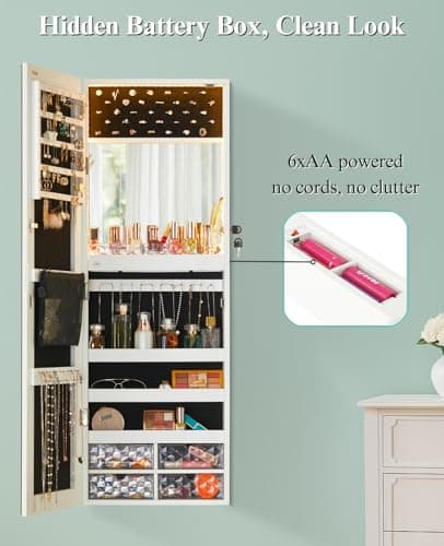 LUXFURNI LED Lights Mirror Jewelry Cabinet Wall Mounted or Door-Hanging, 42" Full Length Mirror with Storage, Built-in Makeup Mirror, Lockable Jewelry Mirror Organizer, White - Image 5