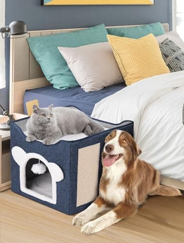 Cat Houses for Indoor Cats, Large Cat Cave with Fluffy Ball and Scratch Pad, Covered Cat Bed House, Foldable Cat Hideaway - Image 6