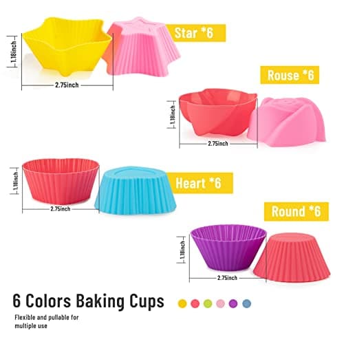 LetGoShop Silicone Cupcake Liners Reusable Baking Cups Nonstick Easy Clean Pastry Muffin Molds 4 Shapes Round, Stars, Heart, Flowers, 24 Pieces Colorful - Image 3