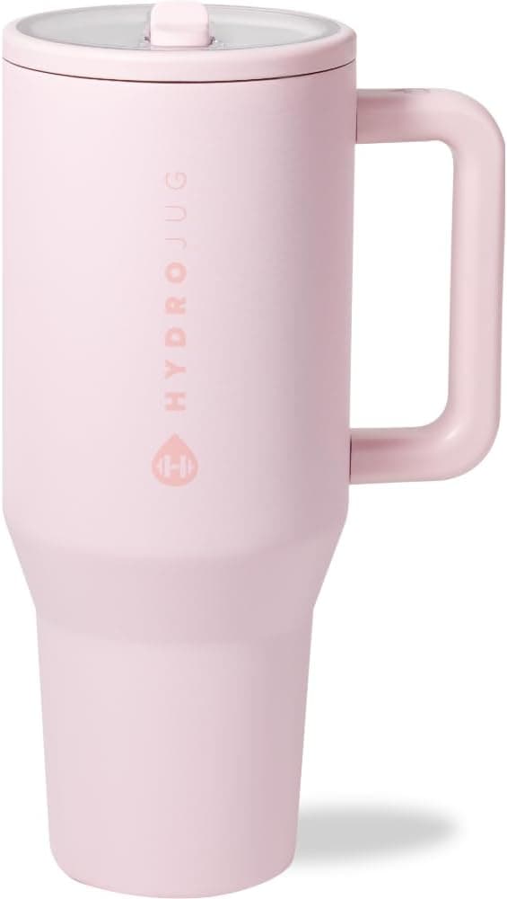 HydroJug Traveler - 40 oz Water Bottle with Handle & Flip Straw - Fits in Cup Holder, Leak Resistant Tumbler-Reusable Insulated Stainless Steel & Rubber Base - Gifts for Women & Men, Pink Sand product image