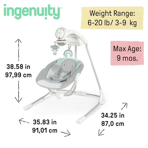 Ingenuity InLighten 5-Speed Baby Swing - Swivel Infant Seat, 5 Point Safety Harness, Nature Sounds, Lights - Van Elephant - Image 6