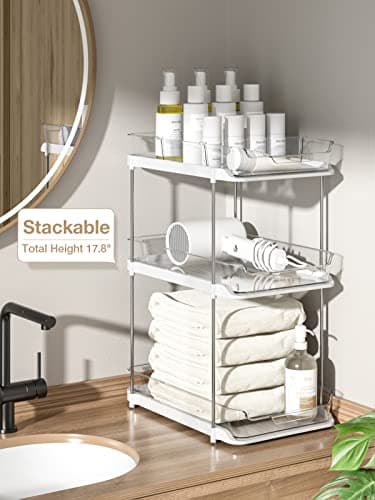 Delamu 2 Sets of 2-Tier Multi-Purpose Bathroom Under Sink Organizers and Storage, Stackable Kitchen Pantry Organization, Pull Out Medicine Cabinet Organizer with 8 Movable Dividers - Image 5