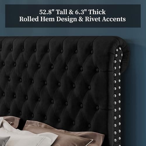 PaPaJet King Bed Frame Upholstered Platform Bed Frame with 52.8'' Tall Sleigh Headboard, Button Tufted, No Box Spring Needed, Easy Assembly, Black - Image 3
