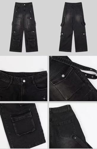 Hugboom Baggy Cargo Pants for Men Women Wide Leg Jeans Y2k Hip Hop High Waisted Pants Casual Streetwear Grunge Clothes Black (L) - Image 4