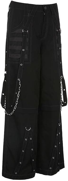 Women Vintage Goth Hip Hop Jeans Punk High Waisted Baggy Bootcut Jeans Strap Chain Striped Wide Leg Denim Pants Black Small - Image 4