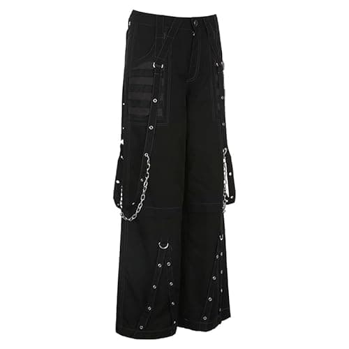 Kodaruber Women Vintage Goth Hip Hop Jeans Punk High Waisted Baggy Bootcut Jeans Strap Chain Striped Wide Leg Denim Pants(Black,Small) - Image 3