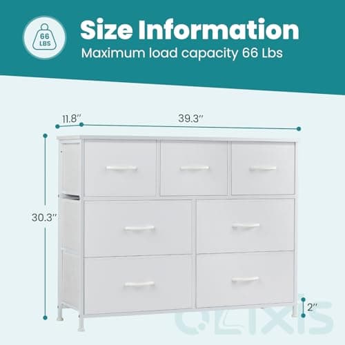 OLIXIS Dresser for Bedroom, 7 Storage Drawers, Wide Fabric Closet Chests Organizer Tower Furniture, TV Stand with Wooden Top Metal Frame for Clothes, Living Room, Hallway, Entryway, Classic White - Image 4