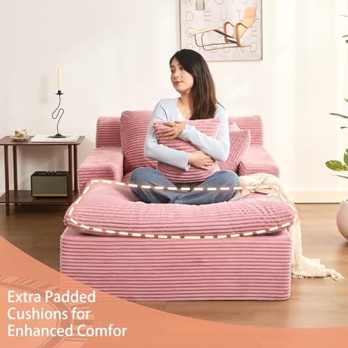 63" Oversized Chaise Lounge Chair Indoor, Extra Cloud Layer, Convertible Sleeper Sofa Couch with Removable Pillows & Side Pockets, Corduroy Upholstered Sofa Bed with Armrests for Living Room, Pink - Image 3