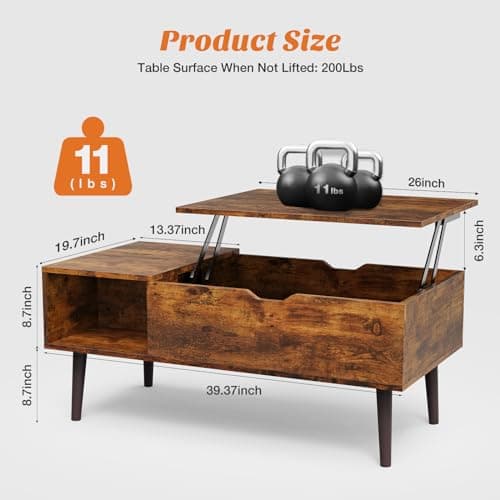 Sweetcrispy Coffee Table, Lift Top Coffee Tables for Living Room, Small Rising Wooden Dining Center Tables with Storage Shelf and Hidden Compartment, Brown - Image 3