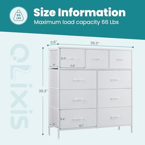 OLIXIS Dresser for Bedroom, 9 Storage Drawers, Wide Fabric Closet Chests Organizer Tower Furniture, TV Stand with Wooden Top Metal Frame for Clothes, Living Room, Hallway, Entryway, Classic White - Image 4