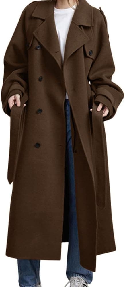 chouyatou Women's Winter Double Breasted Wool Coat Long Sleeve Notch Lapel Midi Long Winter Trench Coat with Belt Medium Brown - Image 2