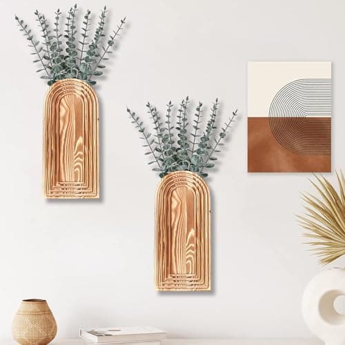 Dnnnii 2 Pack Wooden Wall Vase Set - Brown Finish Modern Farmhouse & Boho Wall Decor for Entryway, Hallway, Bathroom, Living Room, Dining Room, Narrow Spaces - Image 3