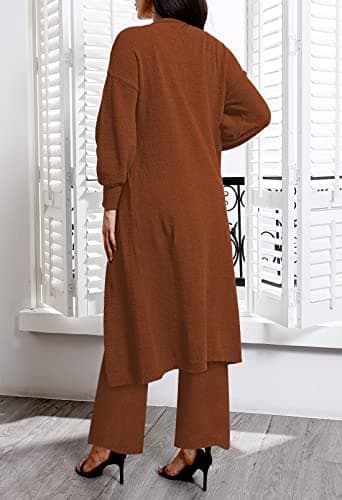 TOLENY 3 Piece Fuzzy Outfits Sets for Women Cardigan Crop Tank Wide Leg Pants Sweatsuit Lounge Sets Brown XL - Image 4