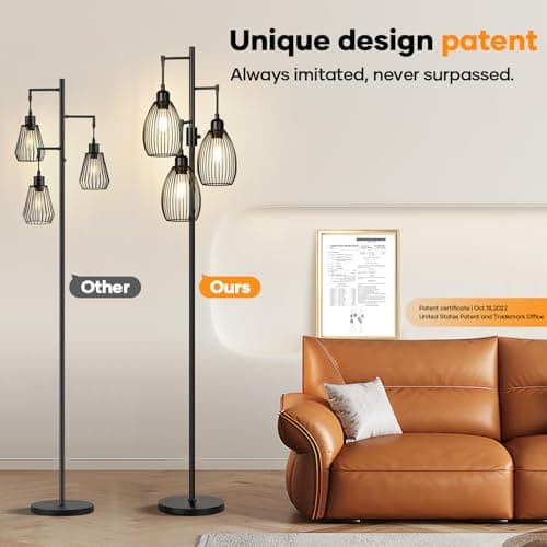 Dimmable Floor Lamp, 3 x 800LM LED Edison Bulbs Included, Farmhouse Industrial Floor Lamp Standing Tree Lamp with Elegant Teardrop Cage Tall Lamps for Living Room Bedroom Office Dining Room-Black - Image 7