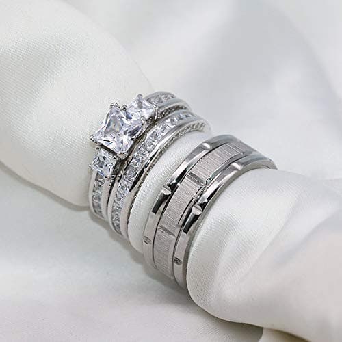 TWO RINGS Wedding Ring Sets His And Hers Promise Ring Couples Bridal Sets Women 925 Sterling Silver square Cz Man Stainless Steel Brushed Finished Wedding Bands - Image 2