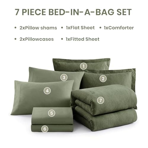 Monbix Queen Comforter Set - 7 Pieces Cationic Dyeing Olive Green Bed in a Bag Queen Bedding Sets with Comforter, Sheets, Pillowcases & Shams, Reversible Bedding Comforters Sets - Image 7